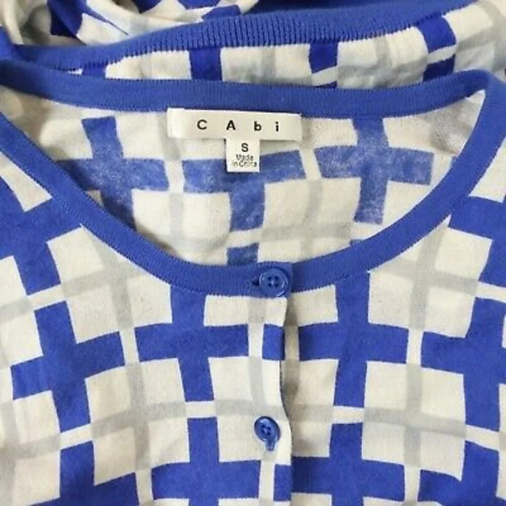 Cabi Cardigan Frame Plaid Sweater Top Size S Button Up Blue Gray White EUC B10